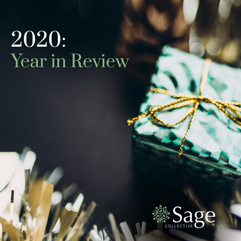 Image is a background photo of presents with text overlaid reading: 2020: Year in Review