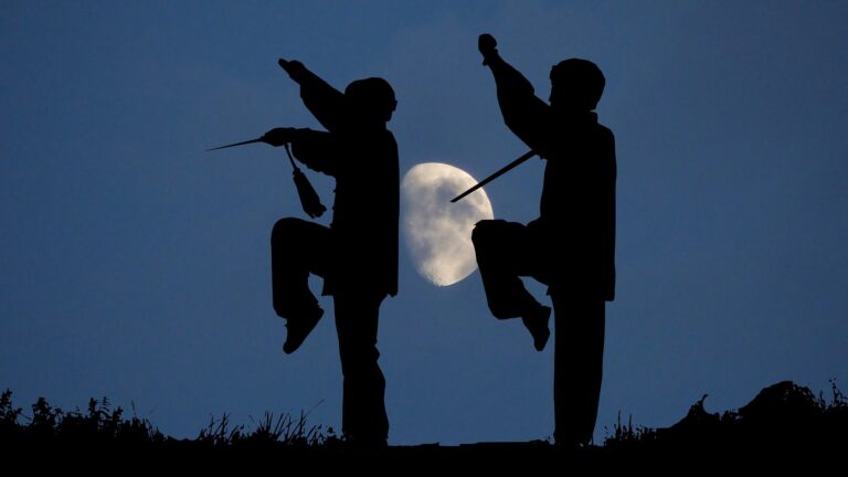 Two people practice tai chi, silhouetted against a night sky and the moon