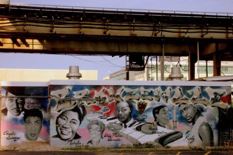 A mural in Bronzeville Chicago showcasing famous figures throughout history